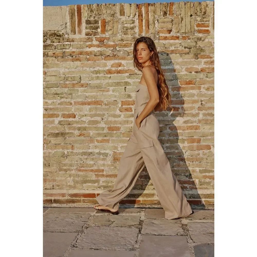 ZARA LINEN BLEND CARGO JUMPSUIT Sz M